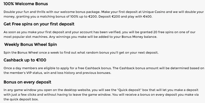 Unique Casino bonusy